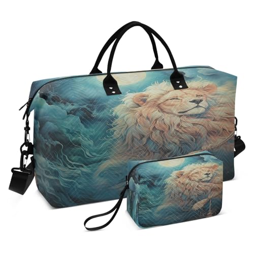Fancy Blue Watercolor Lion Sports Swim Gym Bag Weekender Duffel Travel Bags Handbag with Makeup Storage Bag for Girls Men