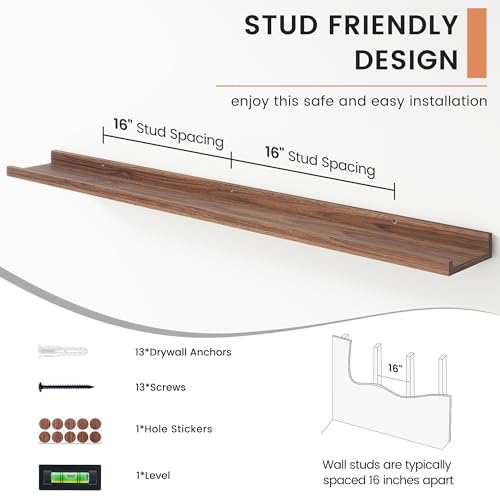 FLYJOE 48 Inch Walnut Modern Wall-Mounted Wooden Picture Ledge Bookshelf Set of 4, Floating Shelves - Thumbnail 5