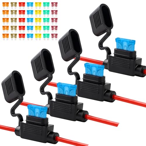 Cooclensportey 4 Pack 12AWG Inline Fuse Holder, Waterproof Fuse Holder with 35 PCS Standard Fuses (5 of Each: 5A, 7.5A, 10A, 15A, 20A, 30A, 40A), Upgraded In Line Fuses Holders 12v for Marine Auto