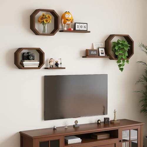 Image of Wall Mounted Floating Shelves Set of 6, Multipurpose Display, Book, Storage & Decor Shelves, Octagon Shape Wooden Wall Shelf for Living Room, Bedroom, Kitchen (Multicolor)