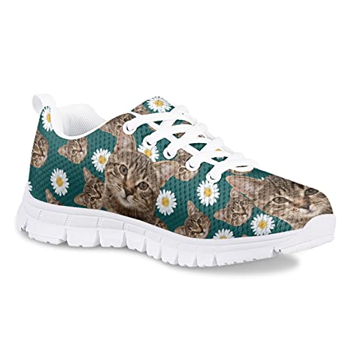 Floral Cat Print Cute Running Shoes for Little Girls Size 2 Kids Gym Dance School Lightweight Mesh Casual Daily Athletic Sneakers Girls Outdoor Indoor Fall Spring Green Walking Tennis Shoes