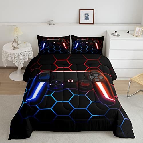 Gaming Comforter Sets for Boys Kids Gamer Bedding Sets Twin Size,Teens Gradient Indigo Red Game Controller Down Comforter Bedroom Decor Hippie Geometric Honeycomb Quilted Duvet + 1 Pillow Sham