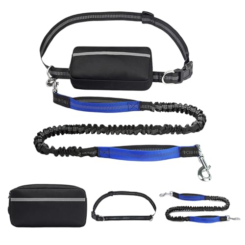 WIYETY Guinzaglio da jogging per cani con cintura addominale, cintura per cani con cuciture riflettenti, guinzaglio 2 in 1 con doppio manico, per cani di taglia grande e media, 120-183 cm, blu