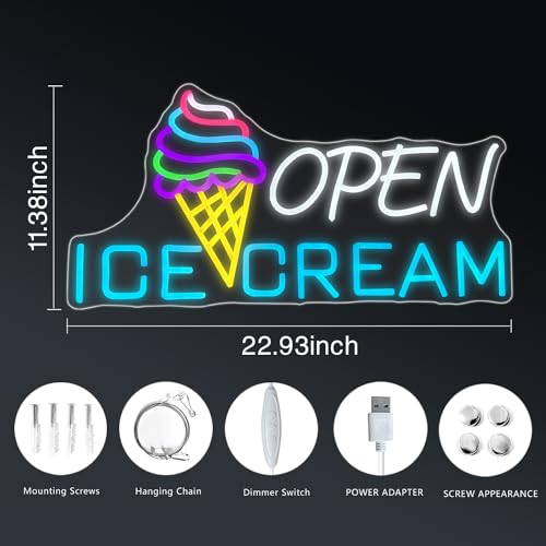 Image of Ice Cream Sign 22.4x11'' Ice Cream Open Shop Neon Signs USB Powered Bar Sign Light Open for Snacks Business Store Cafe Drink Shop Decor Adjust Brightness