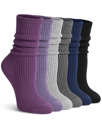 Image of YSense Women's Cotton Crew Socks 6 Pairs, Long Cute Aesthetic Neutral Athletic Boot Socks for Women Stocking Stuffers Gifts