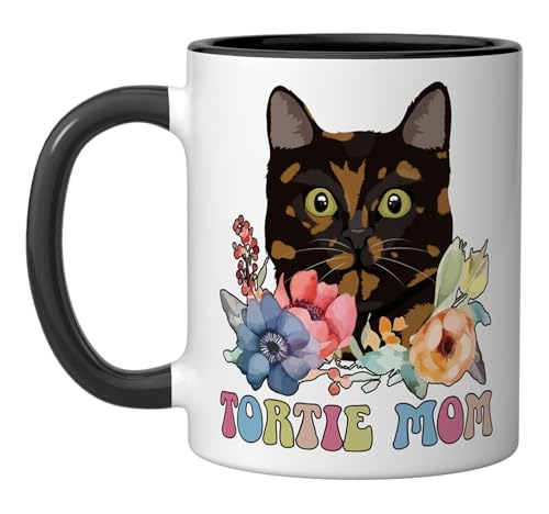 Taza cerámica Tortie Cat Mom Flores negro/blanco miniatura 1