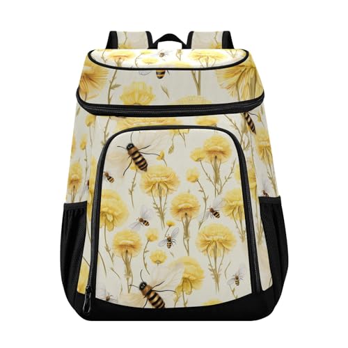 Bee Yellow Floower Cooler Backpack Cooler Insulated Leak Proof Lunch Backpack 36 Cans Waterproof Soft for Men Women Picnic Hiking Camping Beach