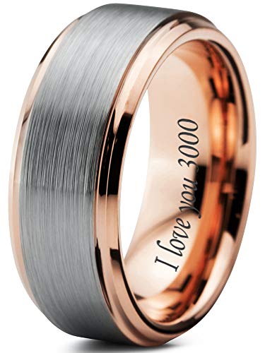 I Love You 3000 Quote Engraved Ring - Tungsten Band 8mm - Men - Women - 18k Rose Gold Step Bevel Edge - Yellow - Grey - Blue - Black - Brushed - Polished - Wedding - Gift Dome Flat