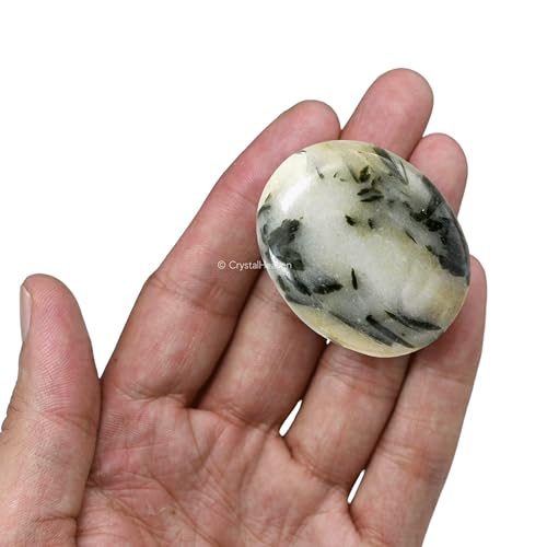 Image of Green Tourmaline in Quartz Crystal Palm Pebbles Stones for Anxiety Stress Relief Massage - AAA Grade Original Healing Gemstone Agate Palm Stone for Yoga Meditation Spiritual Reiki Feng Shui