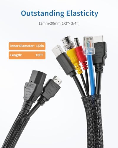 Yecaye 10ft - 1/2 inch Cord Protector Cable Sleeve, Split Braided Wire Loom Tubing for TV Computer USB Cable Power Cord, Cable Management Cord Protectors from Pets Cat no Chew, Black (with 10 Zipties) - 1