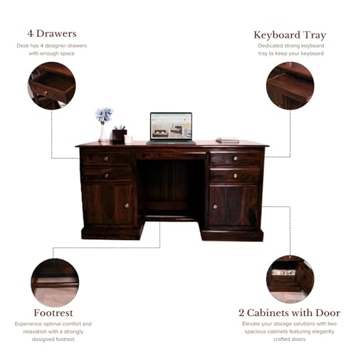 Image of Solid Sheesham Wood Office Desk with 4 Drawers & 2 Cabinets, Wooden Computer Table with Keyboard Tray & Footrest, Study Writing Desk for Home Office Furniture (Walnut Finish)