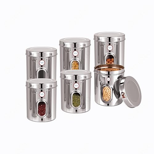 Image of Opullo Stainless Steel See Through Containers for Kitchen | Mirror Polished Stainless Steel Containers With Lid and Transparent Window | Multipurpose Dabba Set for Kitchen | Pack of 6 | 1 Kgs