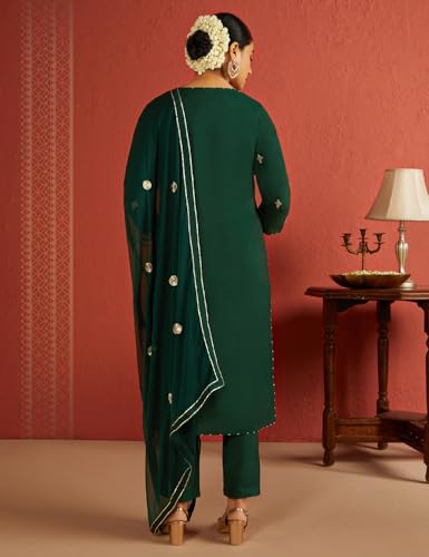 Image of Kaari Women's Embroidered Kurta Set with Dupatta - Straight Fit | Silk Blend Fabric with Zari Embroidery | Gota Patti Work Cotton Dupatta | Kurta Set For Women