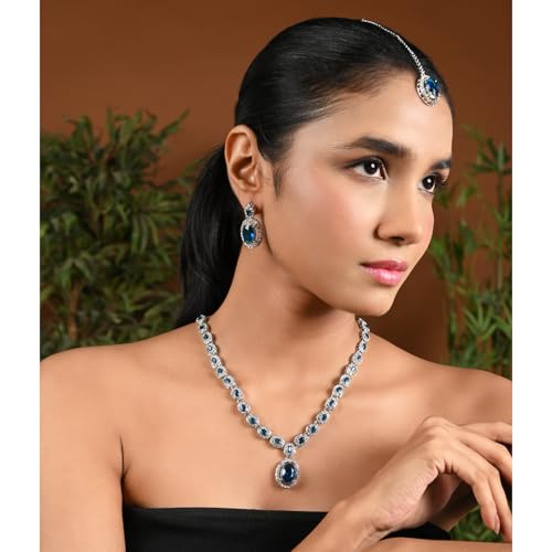 Image of I Jewels Silver Plated Stylish Design Crystal Diamond Necklace With Earrings & Maang Tikka Jewellery Set for Women