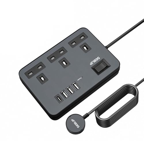 Extension Lead with 4 USB Slots 3 Way Plug Extension Socket with Switches Power Strip Extension Cord with Power Switch 3m Extension Cable for Office Bedroom Black