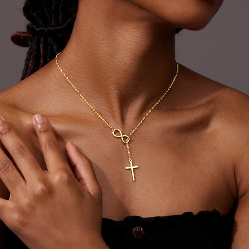 Cross Necklace for Women 14K Gold/Silver Plated Dainty Infinity Long Pendant Charm Necklace Trendy Non Tarnish Waterproof Jewelry Simple Religious Christian Baptism Faith Jewelry Gifts3