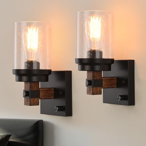 Image of DIMMABLE Rustic Wall Sconces Set of 2, Farmhouse Modern Wood Grain Vanity Light Fixtures Over Mirror with Seeded Glass Shade, Vintage Retro Black Wall Lamps for Living Room Bedroom Bathroom Bedside