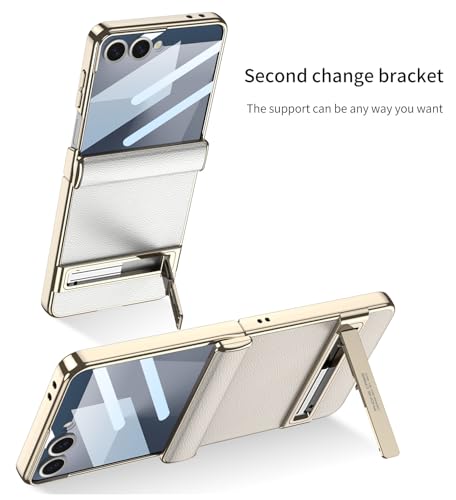 Image of Midkart Magnetic Cover Compatible with Samsung Galaxy Z Flip 7 Release 2025 Hinge Protection Leather Case Kickstand Electroplated with Front Glass and Camera Protection, Fiber Black