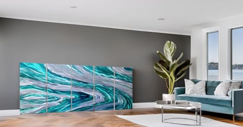 YHSKY ARTS Abstract Coastal Metal Art Wall Decor, Hand Crafted 5 Pieces Teal and Silver 3D Sculpture, Modern Sea Waves Aluminum Artwork for Living Room Bedroom Bathroom Decor - Image 7