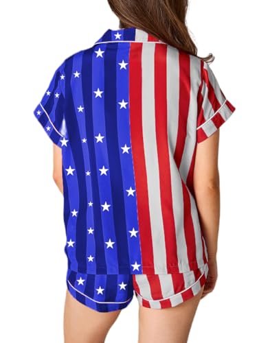 Image of NUFIWI 4th of July Pajamas Set for Women America Flag Short Sleeve Shirt Shorts 2 Piece Lounge Set Independence Outfits