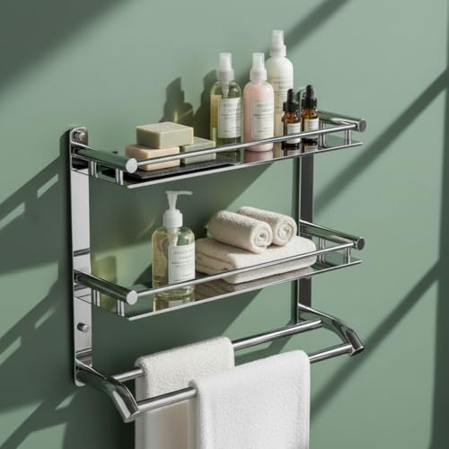 Image of Filox Stainless Steel 2-Tier Bathroom Shelf with Towel Rod | Wall Mounted Multipurpose Bathroom Rack Organizer | Rust Proof Storage Shelf for Toiletries | Heavy Duty Bathroom Accessories Holder