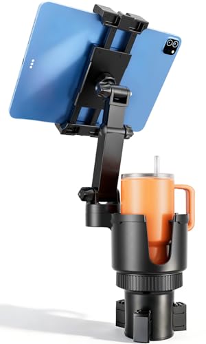 OHLPRO Cup Holder Tablet Mount for Car Anti-Shake iPad Stand with Drink Holder Fits 5-17 iPad Tab S10 iPhone Heavy Duty Truck Vehicle Auto Accessories Dual Handle Slots Large Mugs