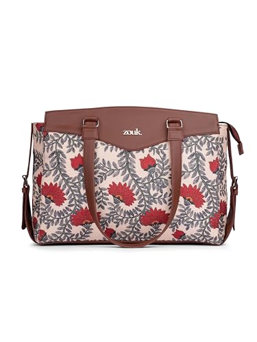 ZOUK Nawabi Couture Floral Printed Jute Vegan Leather Beige and red Women's Office Work Bag With Double Handles Strap