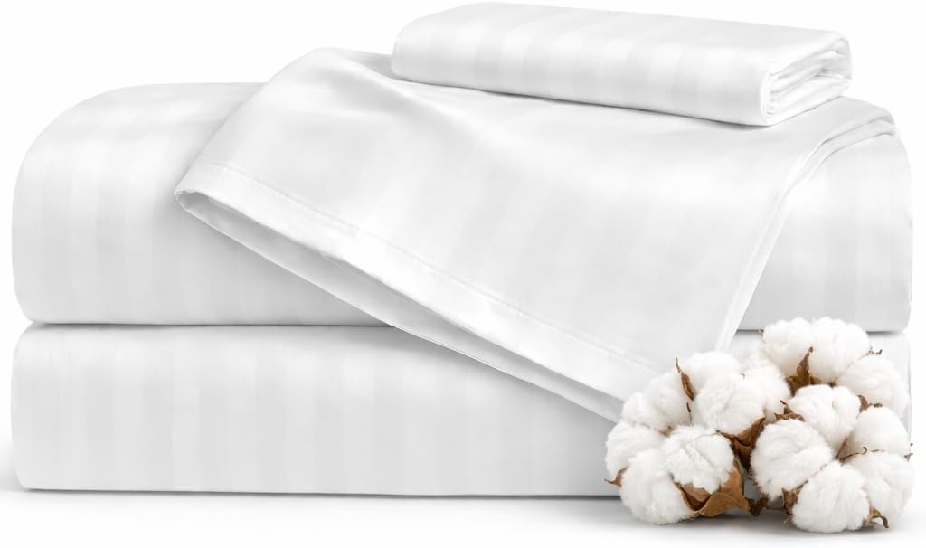 100% Egyptian Cotton Sheets King Size High Thread Count Luxury Hotel Sateen Weave Sheet Set, Soft Breathable, Deep Pocket 17", 4-Piece White Striped, Satisfaction Guarantee
