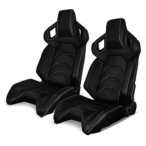 IKON MOTORSPORTS, Universal Racing Seats Pair with Dual Sliders, PU & Carbon Leather Reclinable Left Right