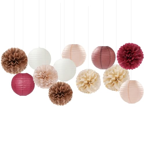 Image of Burgundy-Brown Champagne Party-Decorations Paper-Flowers Lanterns - 15PCS Fall Boho Tissue Pom Poms Streamers,Autumn Rustic Baby Shower Neutral Wedding Birthday Decor Hugfond
