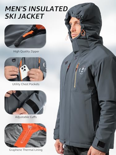 Image of Men's Thermal Waterproof Windproof Jacket Hooded Insulated, Lightweight Winter Snow Coat with Multiple Pockets