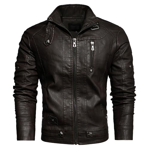 Manteau bomber moto en similicuir café col montant finition soignée