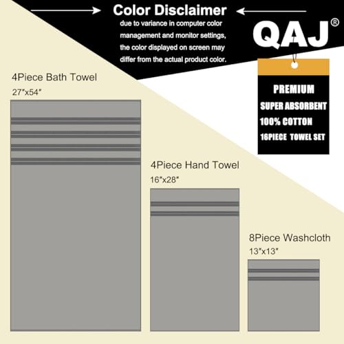 16-Piece Bath Towels Set, 100% Cotton Thick Soft Highly Absorbent Durable, Quick Dry, Bathroom Towels Set (4 Bath Towels, 4 Hand Towels, 8 Washcloths) - Perfect for Daily Use - Image 5