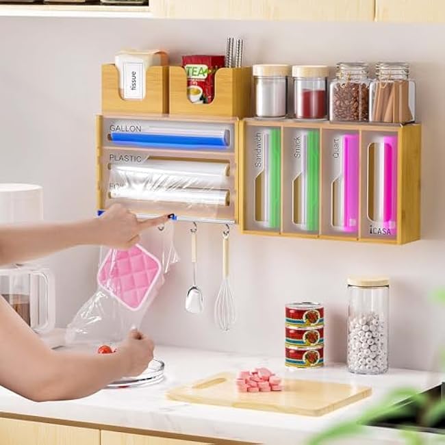 Storage Bag Organizer Plastic Wrap Dispenser with Cutter - 15 in 1 Bamboo Foil and Plastic Wrap Organizer with 4 Hooks, Wall-Mounted Food Bag Storage Container for Gallon, Quart Bags & 12 Rolls