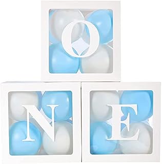 1st Birthday Party Decorations Boxes for Boys, 3Pcs Balloon Boxes with 24 Blue White Balloons and ONE Letters, Balloon Blocks for Baby First Birthday Backdrop, 1 One Year Old Birthday Party Supplies