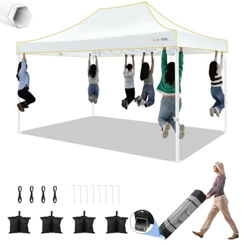 HOTEEL 10x15 Heavy Duty Pop up Canopy Tent for Parties Without Sidewalls Easy Setup Outdoor Commercial Instant Gazebo for Wedding Event with Roller Bag & Sand Bags White(Hexagonal Frame)
