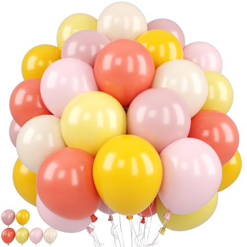 Image of Pink and Yellow Balloon,50PCS 12 Inch Boho Pink Balloons Retro Orange Pastel Pink Yellow Nude Ballons for Girls Birthday Autumn Baby Shower Wedding Engagement Flower Fall Party Decorations