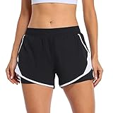 REKITA Womens Athletic Shorts with Pocket 2 in 1 Running Shorts Quick-Dry Mesh Workout Shorts Black...