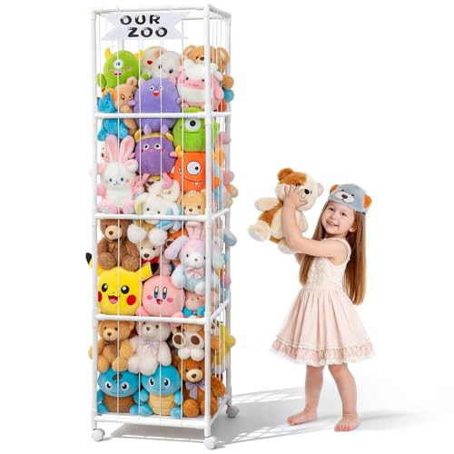 Cvkwe Soft Toy Storage with Wheels PVC Large Stuffed Animal Teddy Storage with Elastic Band Kids Toy Storage Organiser Shelf for Nursery Playroom Bedroom Kids Room Decor (180 x 49 x 44cm)