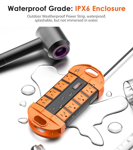 Image of CCCEI Outdoor Power Strip Weatherproof with 8 Plug, Waterproof Extension Cord with Multiple Outlets, Christmas Exterior Garden Yard Surge Protector 15FT, Orange.
