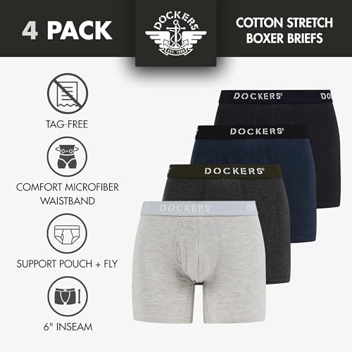 DOCKERS Men's Underwear Cotton Stretch Boxer Briefs for Men Pack of 4