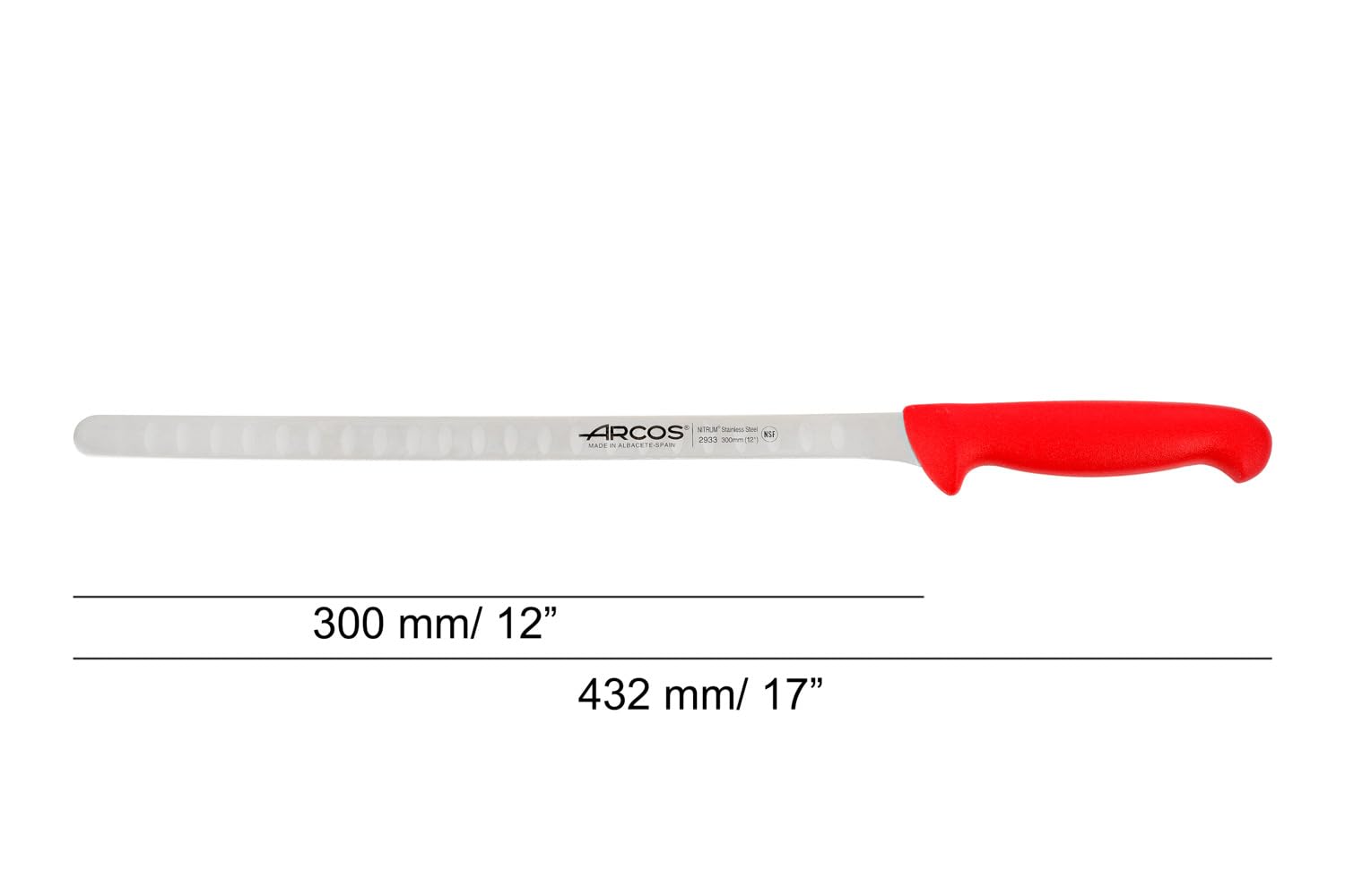 Arcos Coltello per Salmone e Pesce in Acciaio Inossidabile con Lama da 300 mm – Manico Ergonomico in Polipropilene, Serie 2900 – Colore Rosso