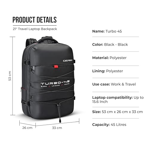 Image of Gear Turbo 21 inch /45L Large Water Resistant Anti theft Laptop Backpack with Raincover | Backpack | Daypack |Briefcase | Travel Bag For Men /Women (Black - Black)