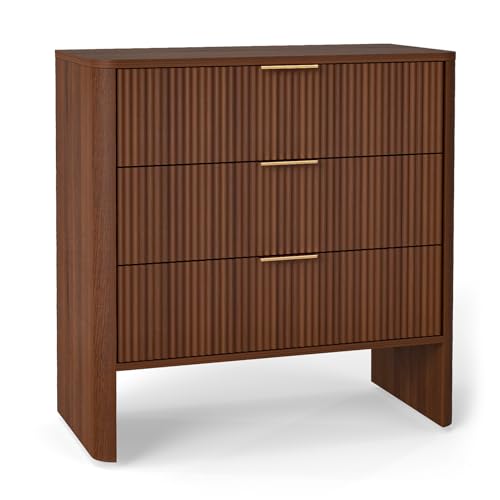 Wooden Cabinet with 3 Drawers, Wavy Pattern Modern Bedside Cupboard,