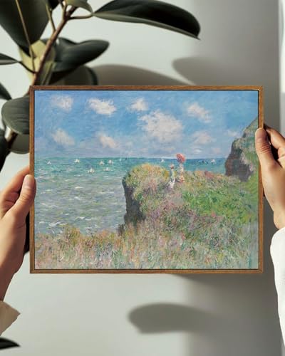 Image of KISSFOX Framed Wall Art Vintage Wall Decor Coastal Canvas Art Cliff Walk Pictures Sailboat Paintings Monet Artwork Landscape Prints For Living Room Bedroom