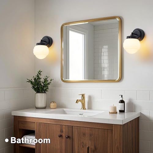 Image of Wall Sconces Set of 2 for Bathroom Black Vanity Light Fixture Modern wall lamp with White Glass for Bedroom Living Room Hallway Mirror Kitchen (Hardwired, E26)