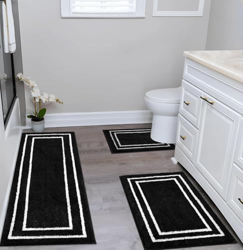 Image of Uphome Bath Mat Set, Shaggy Microfiber Soft Bath Runner Rug, Absorbent Anti-Skid Washable Long Bath mats for Bathroom Floor, Modern Geometric Black Contour Bath Rugs for Toilet Bathtub Laundry