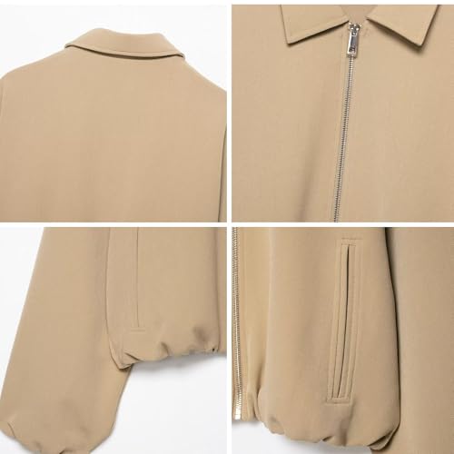 Xunger Women’s Cropped Bomber Jacket Puffed Sleeves Zip Up Trendy Casual Streetwear Outerwear with Pockets4