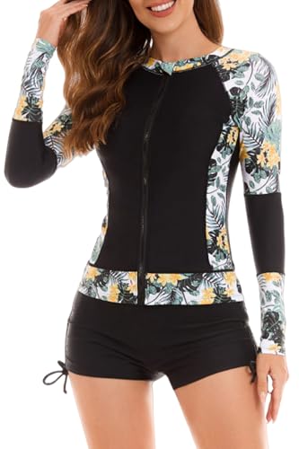 FEOYA Ropa de Surf 2 Piezas Mujer Camisetas de Natación Manga Larga Traje de Baño Secado Rápido Rashguard con Cremallera Flore Amarillo L