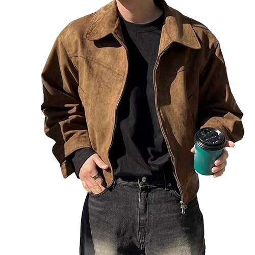 JEKE-DG Men's Vintage Faux Suede Jacket Loose Fit Casual Classic Jackets Lightweight Full Zip Outdoor Jacket Coat